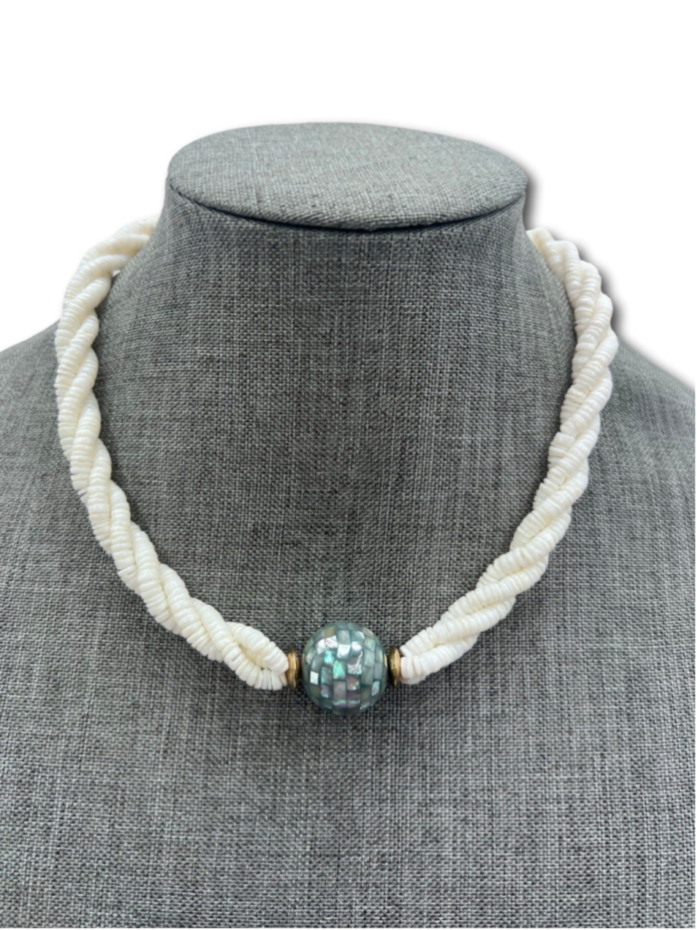White Beaded Necklace Iridescent Mosaic Accent Vintage Resort Wear